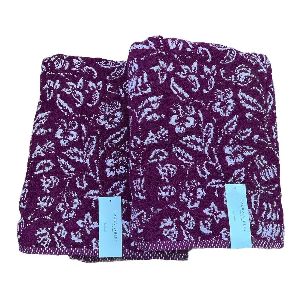 Laura Ashley Elaina Pink Floral Bath Towels Set of 2 Cotton New